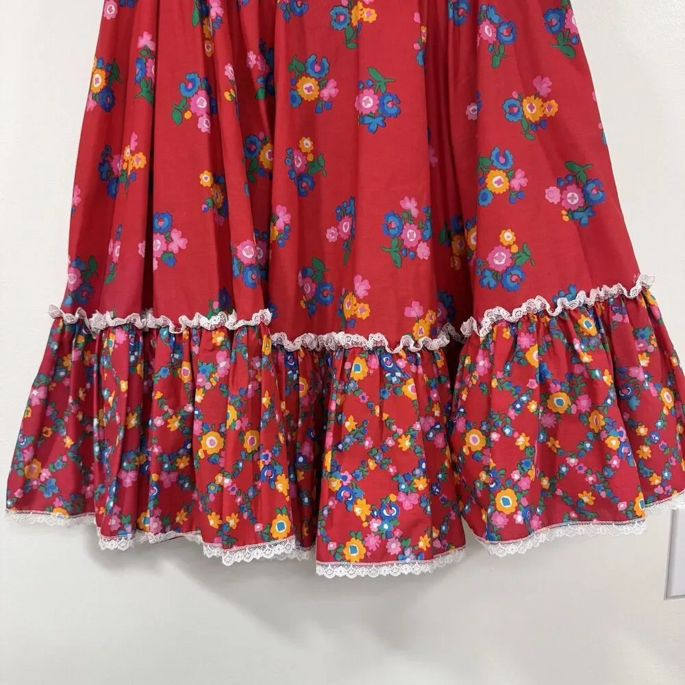 Malco Modes Ruffle Skirt Red Floral Med USA Boho Prairie Cottagecore Festival